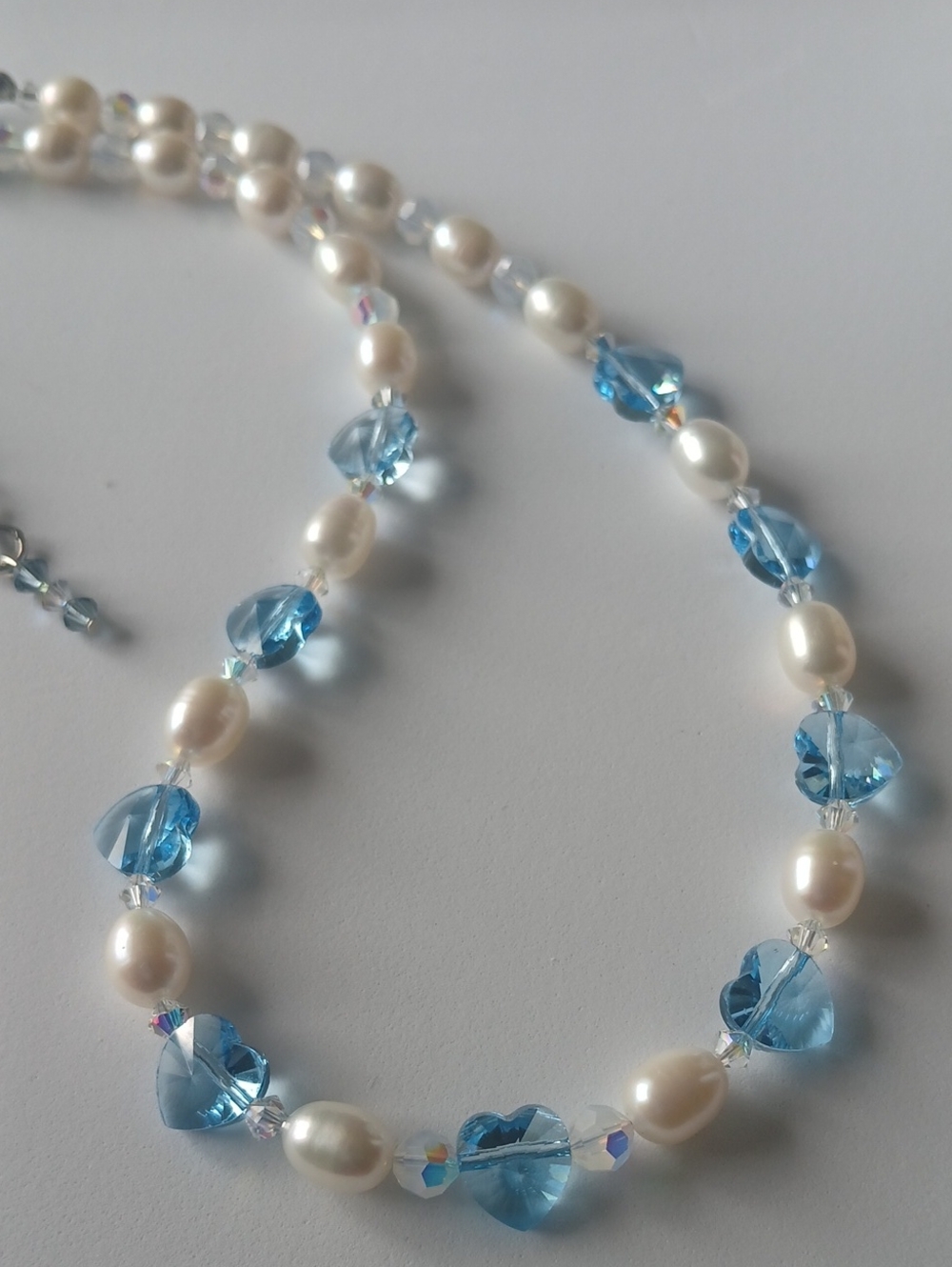 Blue Heart Crystal and White Freshwater Pearl Necklace